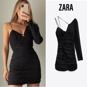 Zara Black Asymmetrical Ruched Cocktail Dress